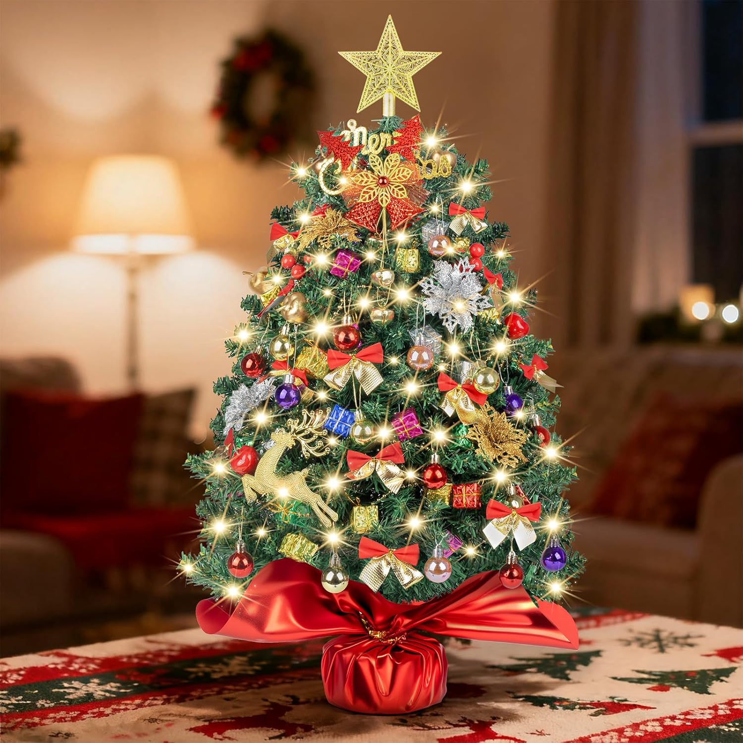 Small Christmas Tree with Lights, 24 inch/2FT Tabletop Desk Christmas Tree with 100 Branches 70 Ornaments Artificial Small XMS Tree for Table Desk Home Christmas Holiday Decor